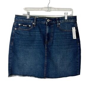 DKNY Denim Mini Skirt Women's 10  Blue Mid Rise Fringed Stretch NWT‎ 7322